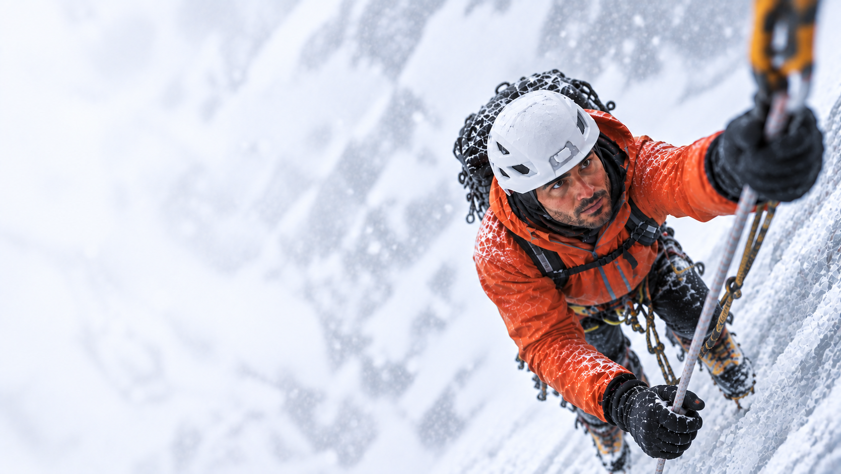 Technical ice climber ascending a steep frozen alpine wall
